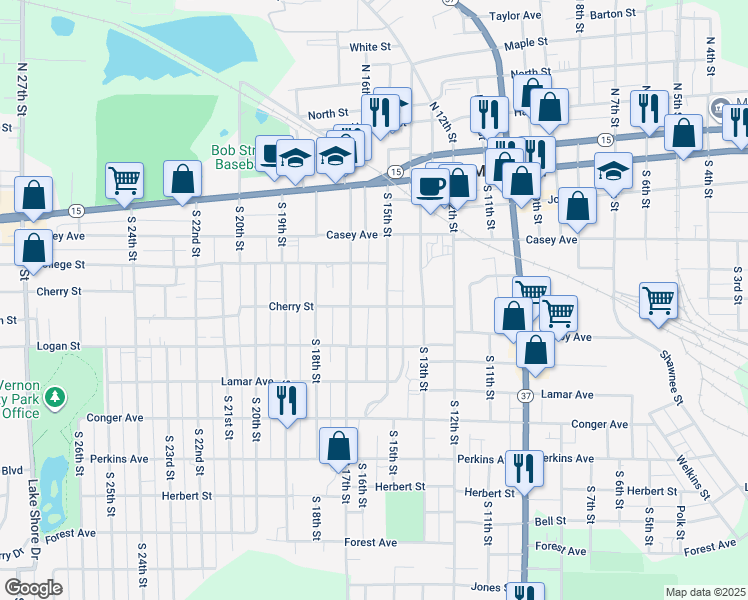 map of restaurants, bars, coffee shops, grocery stores, and more near 401-499 South 15th Street in Mount Vernon