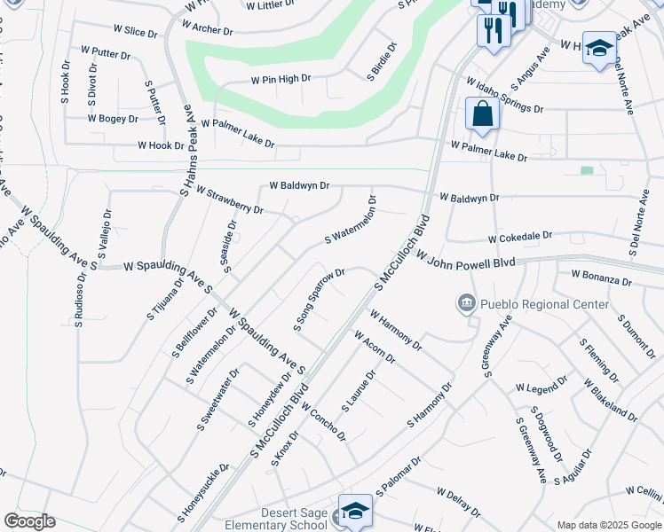 map of restaurants, bars, coffee shops, grocery stores, and more near 580 S Watermelon Dr in Pueblo West