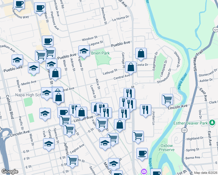 map of restaurants, bars, coffee shops, grocery stores, and more near 6 Valley West Circle in Napa