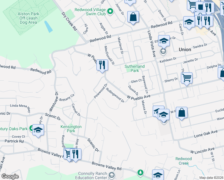 map of restaurants, bars, coffee shops, grocery stores, and more near 2575 West Pueblo Avenue in Napa
