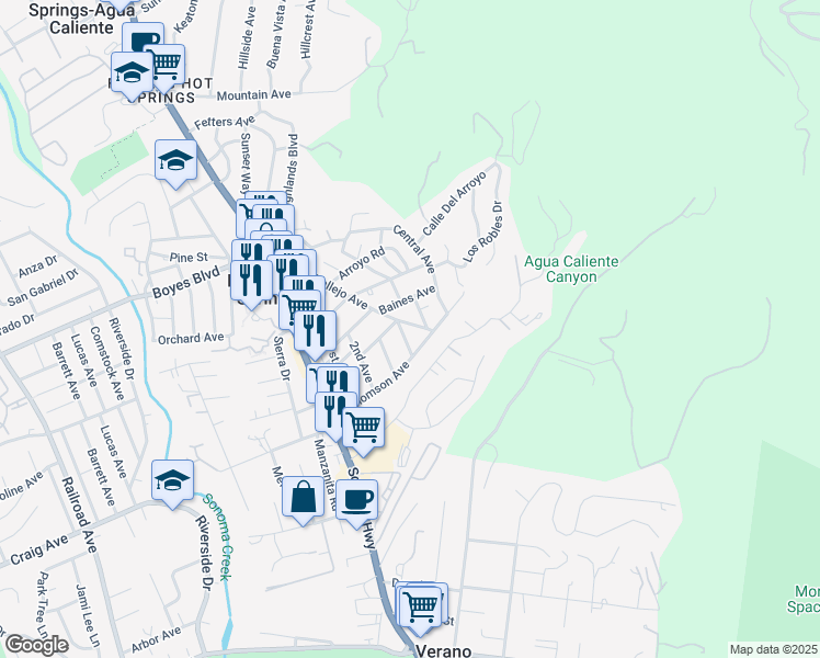 map of restaurants, bars, coffee shops, grocery stores, and more near 505 Vallejo Avenue in Sonoma