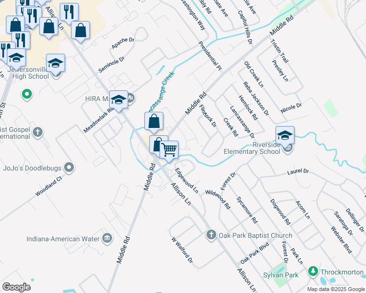 map of restaurants, bars, coffee shops, grocery stores, and more near 3130 Middle Road in Jeffersonville