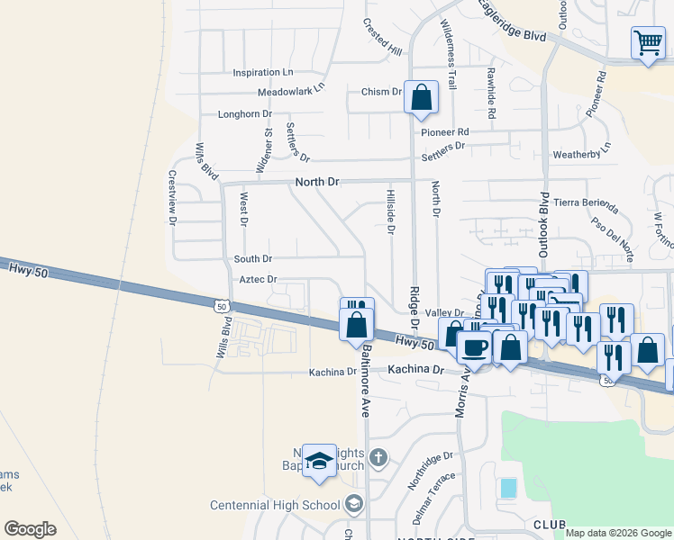 map of restaurants, bars, coffee shops, grocery stores, and more near 2141 Aztec Drive in Pueblo