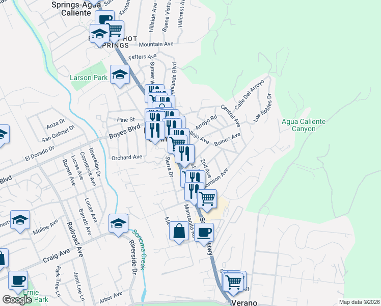 map of restaurants, bars, coffee shops, grocery stores, and more near 180 Calle Del Monte in Sonoma
