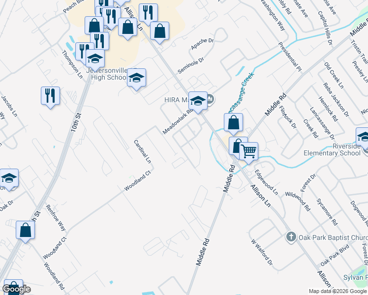 map of restaurants, bars, coffee shops, grocery stores, and more near 2066 South Sarah Drive in Jeffersonville