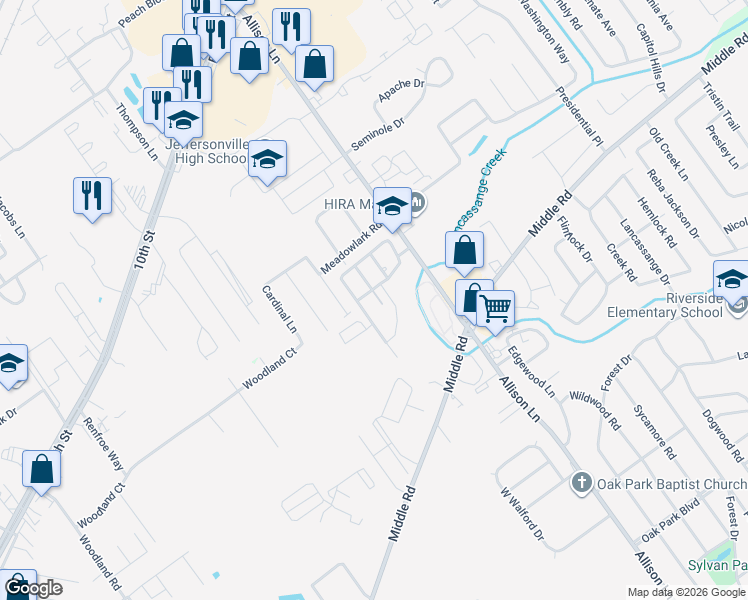 map of restaurants, bars, coffee shops, grocery stores, and more near 2066 South Sarah Drive in Jeffersonville