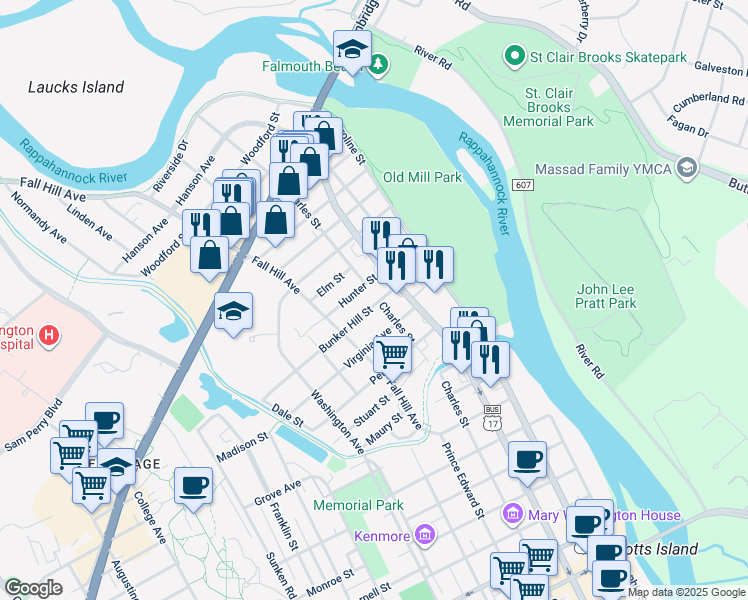 map of restaurants, bars, coffee shops, grocery stores, and more near 401 Bunker Hill Street in Fredericksburg