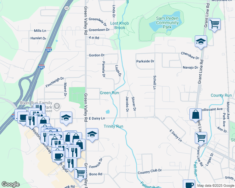 map of restaurants, bars, coffee shops, grocery stores, and more near 803 Pamela Drive in New Albany