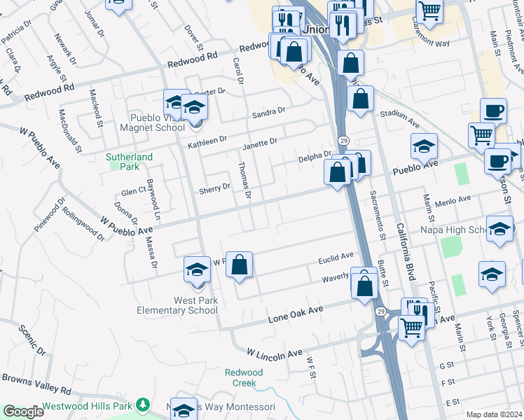 map of restaurants, bars, coffee shops, grocery stores, and more near 1155 La Pintura Lane in Napa