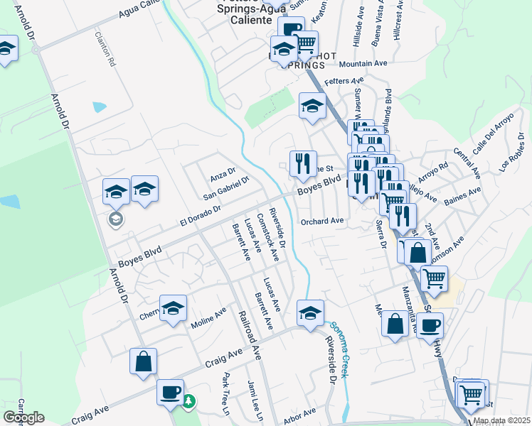 map of restaurants, bars, coffee shops, grocery stores, and more near 18005 Comstock Avenue in Sonoma