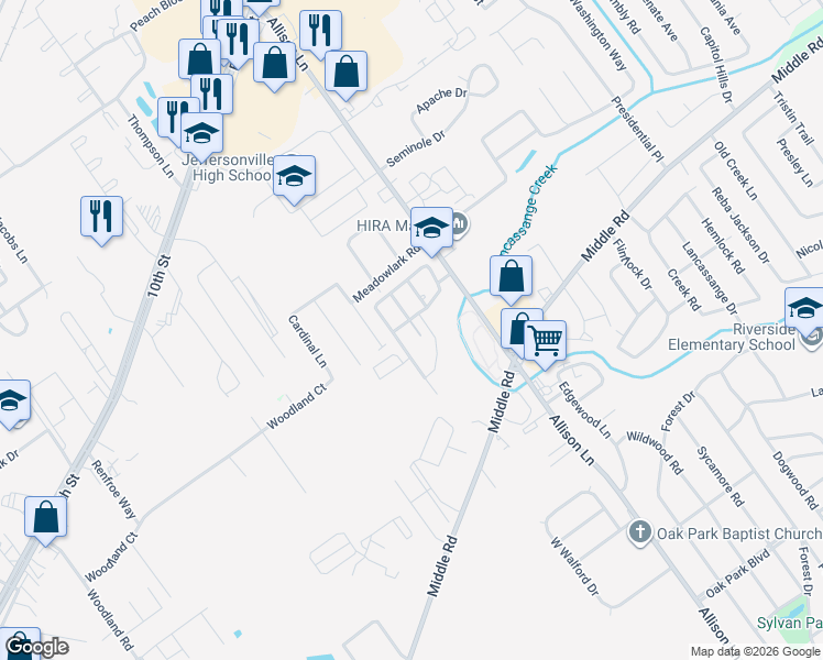 map of restaurants, bars, coffee shops, grocery stores, and more near 2066 South Sarah Drive in Jeffersonville
