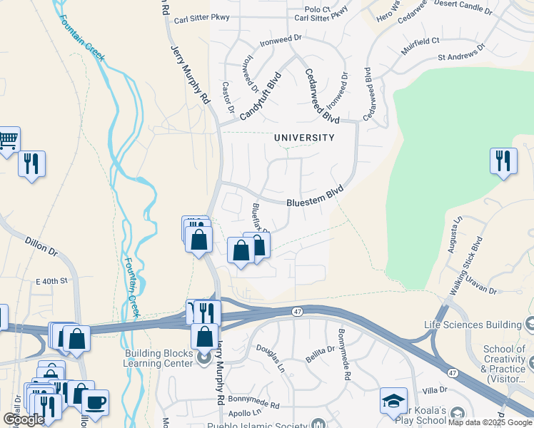 map of restaurants, bars, coffee shops, grocery stores, and more near 1008 Bluestem Boulevard in Pueblo