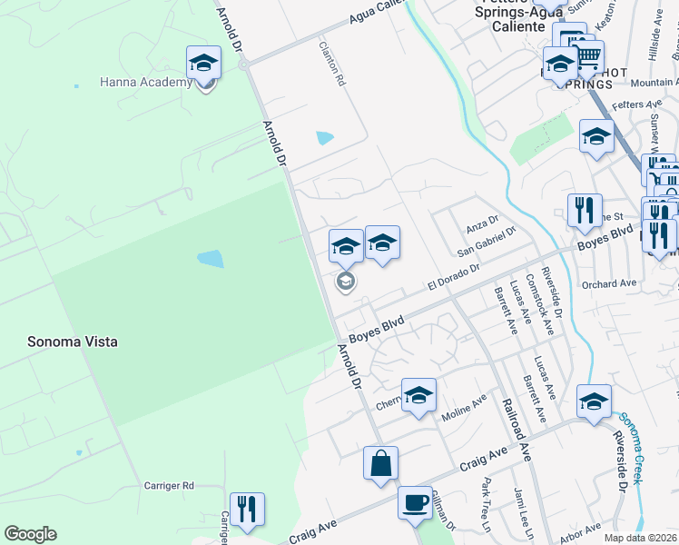 map of restaurants, bars, coffee shops, grocery stores, and more near 17805 Arnold Drive in Sonoma