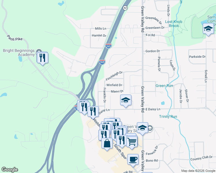 map of restaurants, bars, coffee shops, grocery stores, and more near 302 Winfield Drive in New Albany