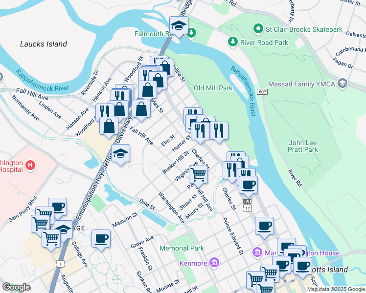 map of restaurants, bars, coffee shops, grocery stores, and more near 408 Hunter Street in Fredericksburg