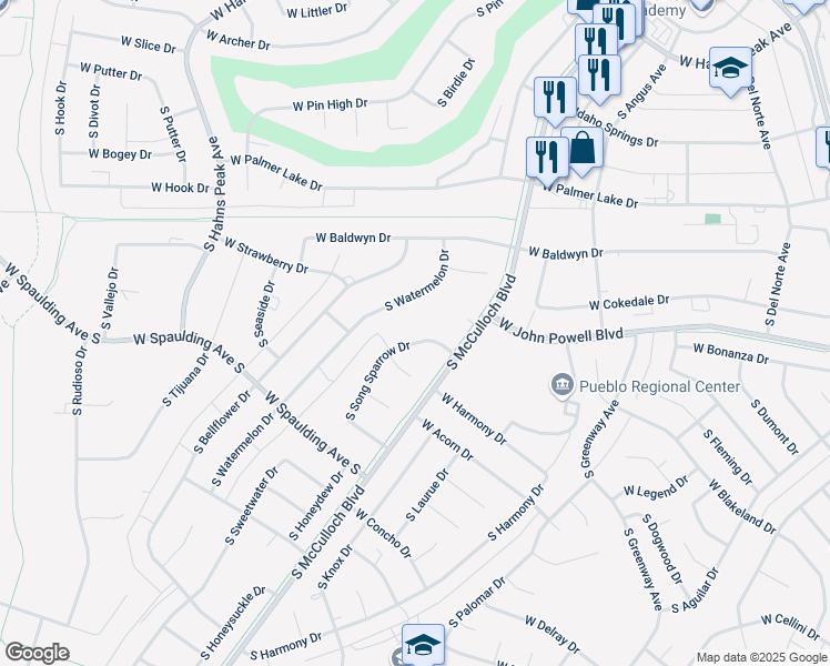 map of restaurants, bars, coffee shops, grocery stores, and more near 333 West Song Sparrow Drive in Pueblo West