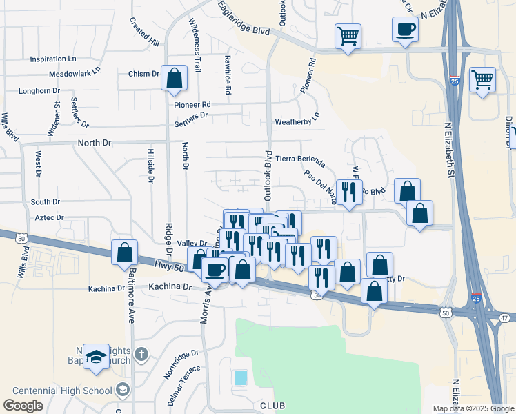 map of restaurants, bars, coffee shops, grocery stores, and more near 1515 Outlook Boulevard in Pueblo