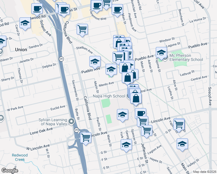 map of restaurants, bars, coffee shops, grocery stores, and more near 1431 Menlo Avenue in Napa