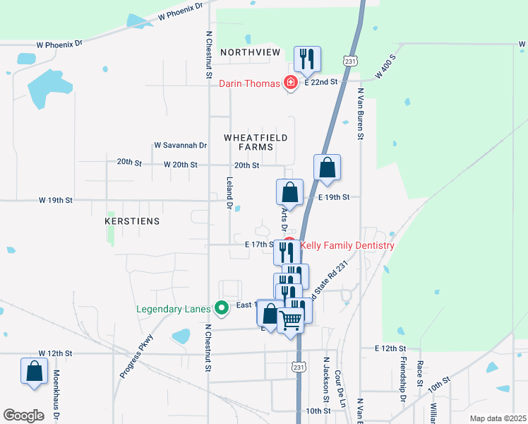 map of restaurants, bars, coffee shops, grocery stores, and more near 1900 Medical Arts Drive in Huntingburg