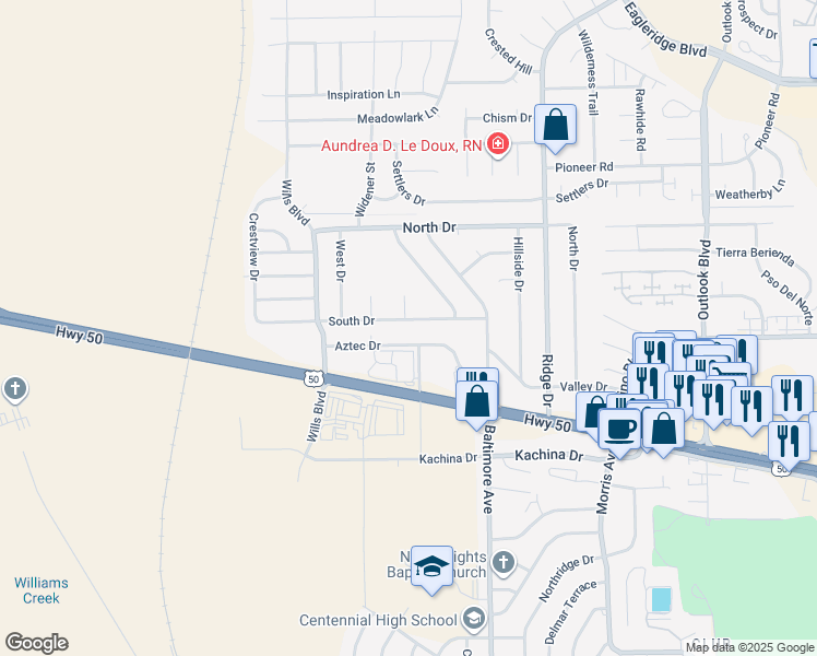 map of restaurants, bars, coffee shops, grocery stores, and more near 2208 South Drive in Pueblo