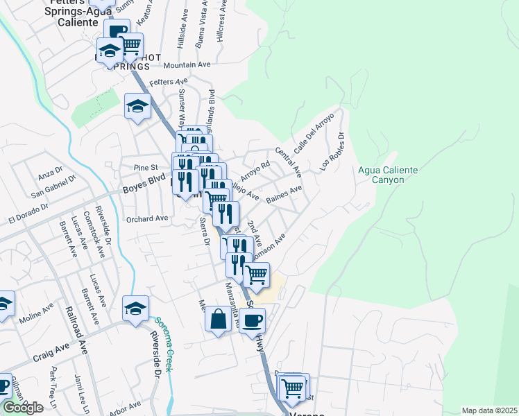 map of restaurants, bars, coffee shops, grocery stores, and more near 380 Baines Avenue in Sonoma