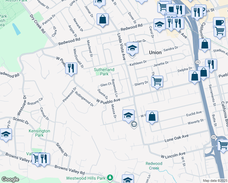 map of restaurants, bars, coffee shops, grocery stores, and more near 3027 Baywood Lane in Napa