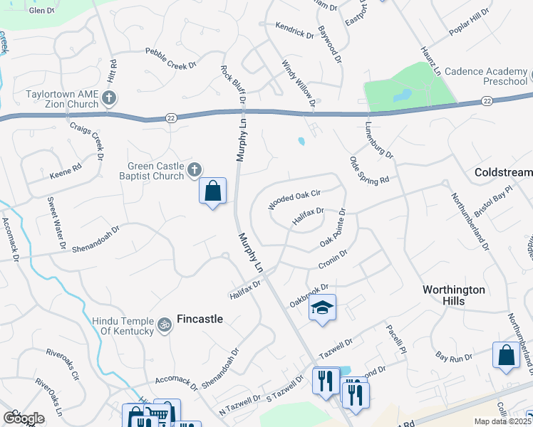 map of restaurants, bars, coffee shops, grocery stores, and more near 4721 Wooded Oak Circle in Louisville