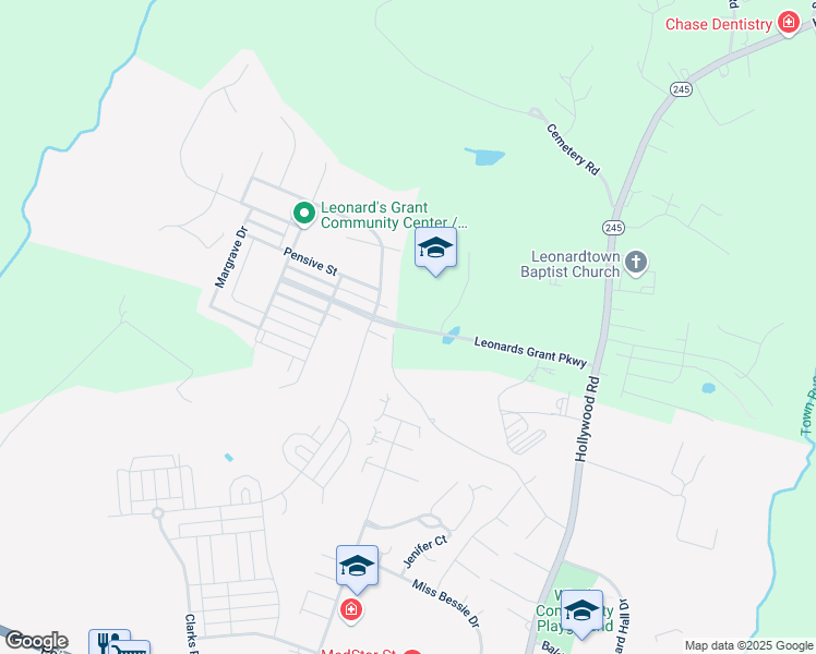 map of restaurants, bars, coffee shops, grocery stores, and more near Leonards Grant Parkway in Leonardtown
