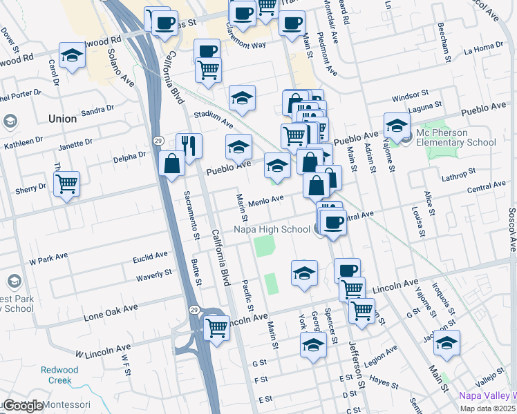 map of restaurants, bars, coffee shops, grocery stores, and more near 1521 Menlo Avenue in Napa