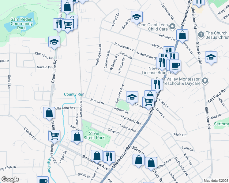 map of restaurants, bars, coffee shops, grocery stores, and more near 2539 Roanoke Avenue in New Albany