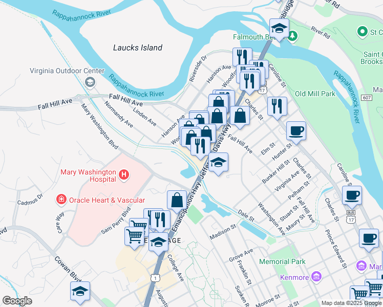 map of restaurants, bars, coffee shops, grocery stores, and more near 521 Jefferson Davis Highway in Fredericksburg
