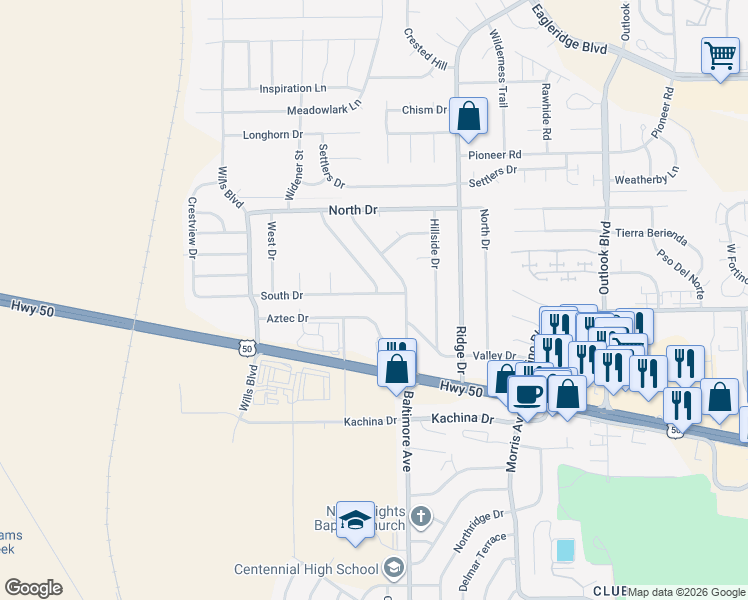 map of restaurants, bars, coffee shops, grocery stores, and more near 2120 South Drive in Pueblo