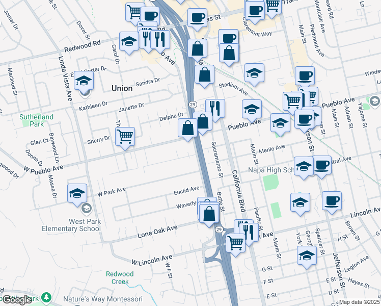 map of restaurants, bars, coffee shops, grocery stores, and more near 2931 Solano Avenue in Napa
