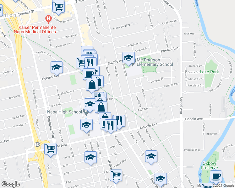 map of restaurants, bars, coffee shops, grocery stores, and more near 2407 Adrian Street in Napa