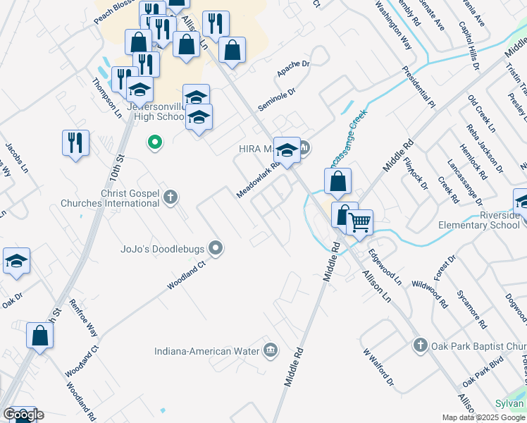 map of restaurants, bars, coffee shops, grocery stores, and more near 2066 South Sarah Drive in Jeffersonville