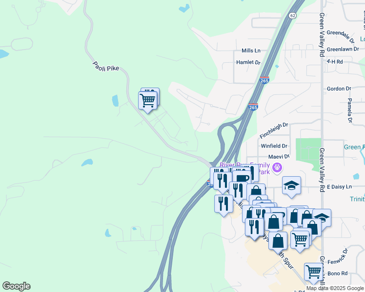 map of restaurants, bars, coffee shops, grocery stores, and more near 72 Canterbury Court in New Albany