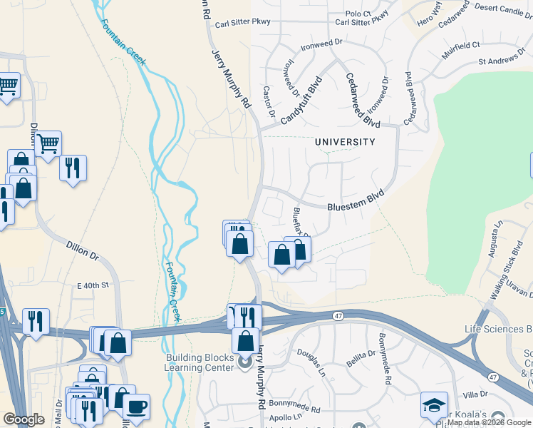 map of restaurants, bars, coffee shops, grocery stores, and more near 22 Terrace Drive in Pueblo