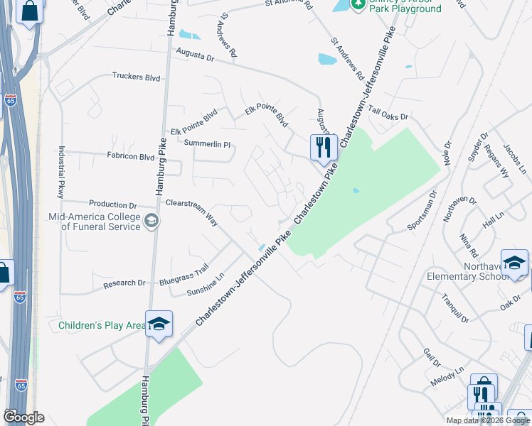 map of restaurants, bars, coffee shops, grocery stores, and more near 1606 Greenleaves Drive in Jeffersonville