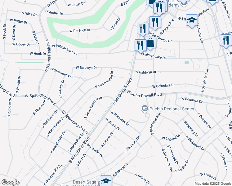 map of restaurants, bars, coffee shops, grocery stores, and more near 276 West Owl Court in Pueblo West