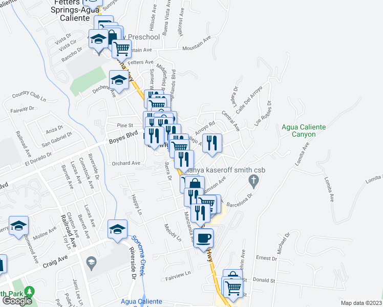 map of restaurants, bars, coffee shops, grocery stores, and more near 180 Calle Del Monte in Sonoma