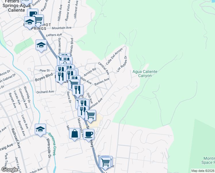 map of restaurants, bars, coffee shops, grocery stores, and more near 1036 Central Avenue in Sonoma