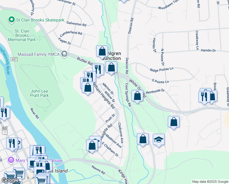 map of restaurants, bars, coffee shops, grocery stores, and more near 213 Marion Street in Fredericksburg