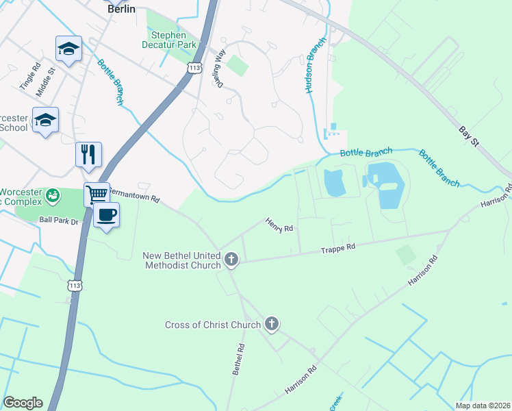 map of restaurants, bars, coffee shops, grocery stores, and more near 144 Intrepid Lane in Berlin