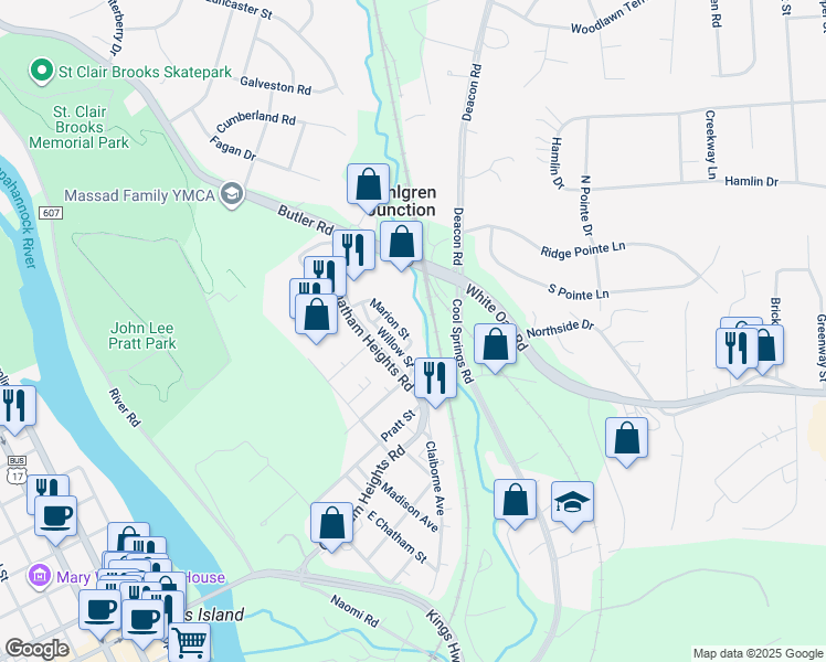 map of restaurants, bars, coffee shops, grocery stores, and more near 213 Marion Street in Fredericksburg