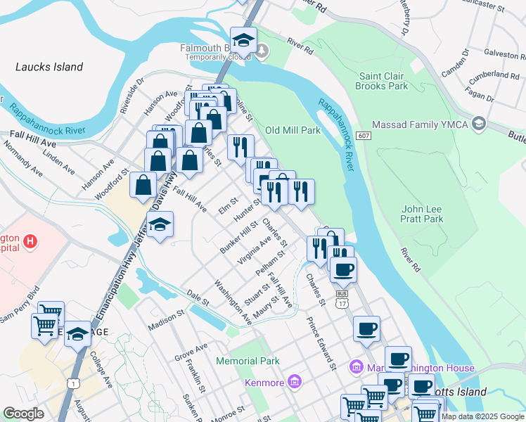 map of restaurants, bars, coffee shops, grocery stores, and more near 313 Bunker Hill Street in Fredericksburg