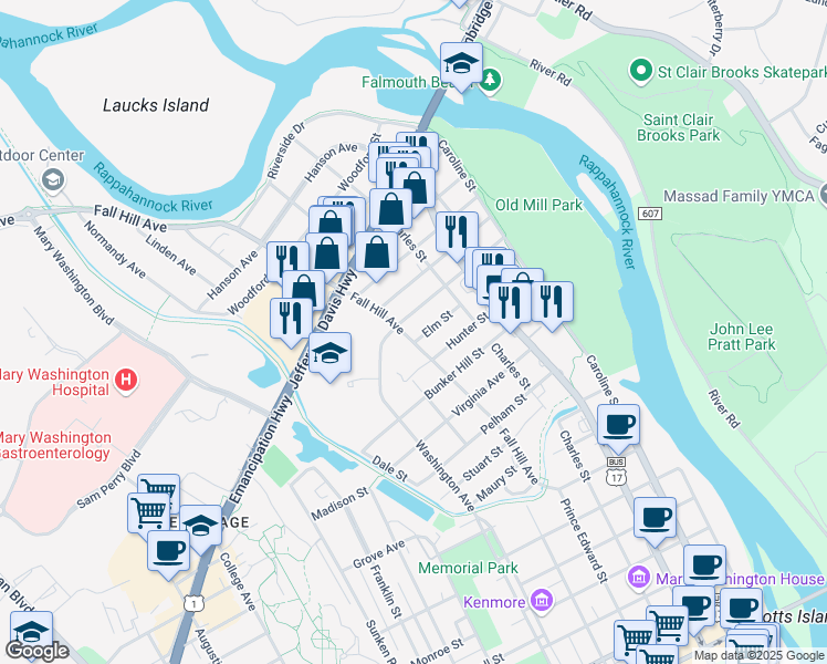map of restaurants, bars, coffee shops, grocery stores, and more near 2301 Fall Hill Avenue in Fredericksburg