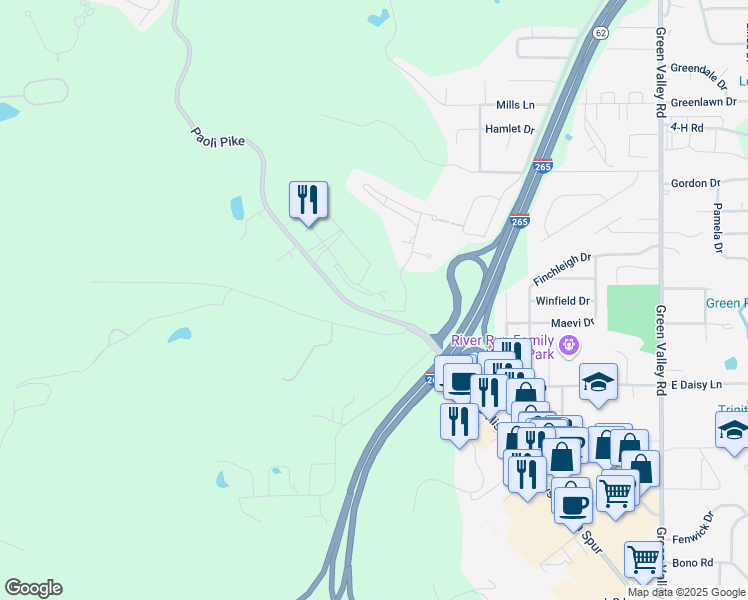 map of restaurants, bars, coffee shops, grocery stores, and more near 72 Canterbury Court in New Albany