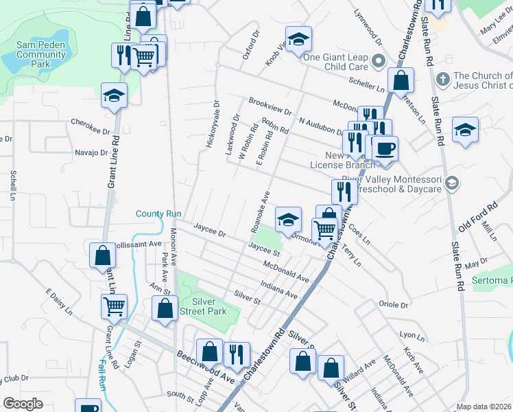 map of restaurants, bars, coffee shops, grocery stores, and more near 2539 Roanoke Avenue in New Albany