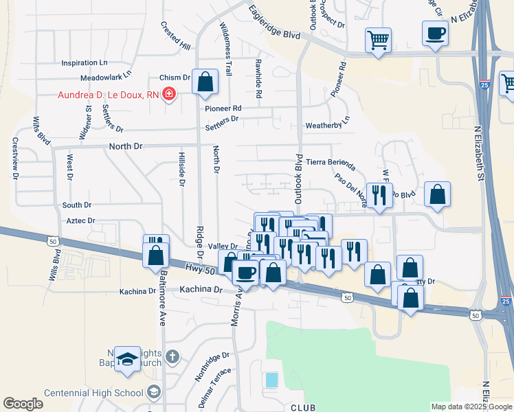 map of restaurants, bars, coffee shops, grocery stores, and more near 27 Frances Pl in Pueblo