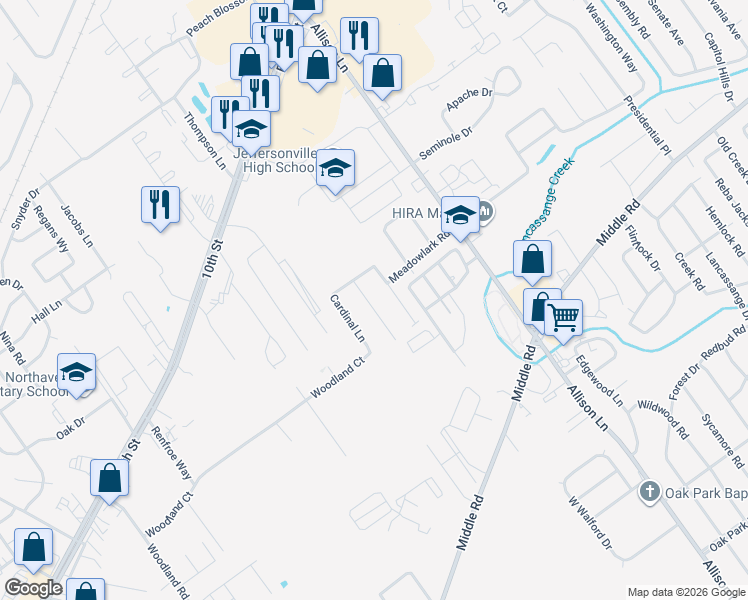 map of restaurants, bars, coffee shops, grocery stores, and more near 2012 Blue Teal Lane in Jeffersonville